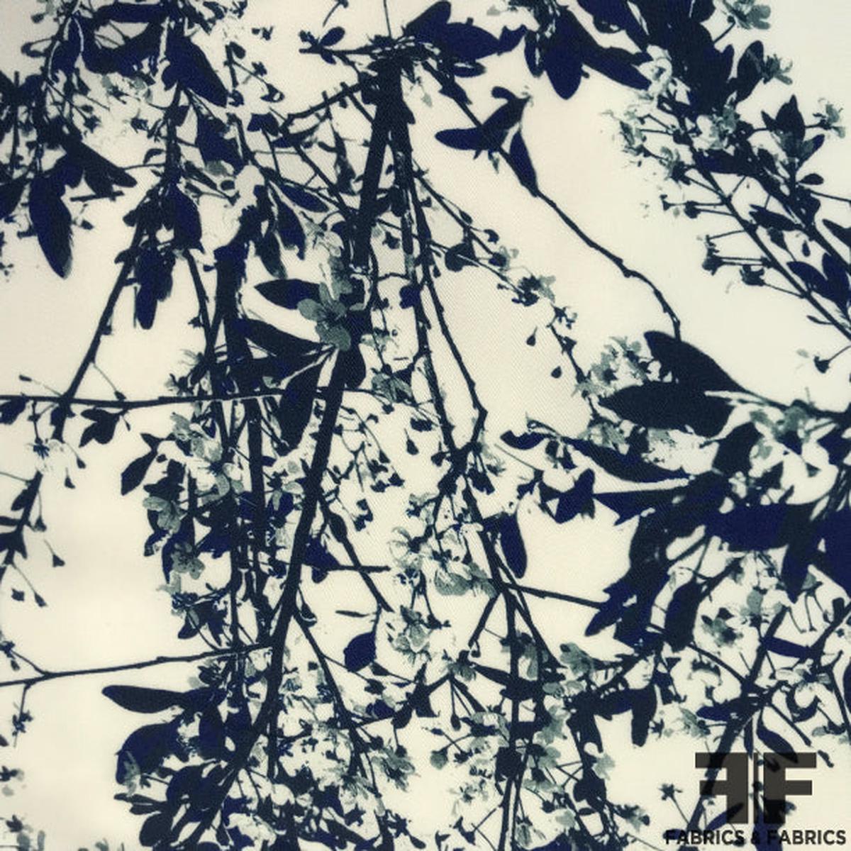 Foliage Printed Silk Charmeuse on Matte side - Blue